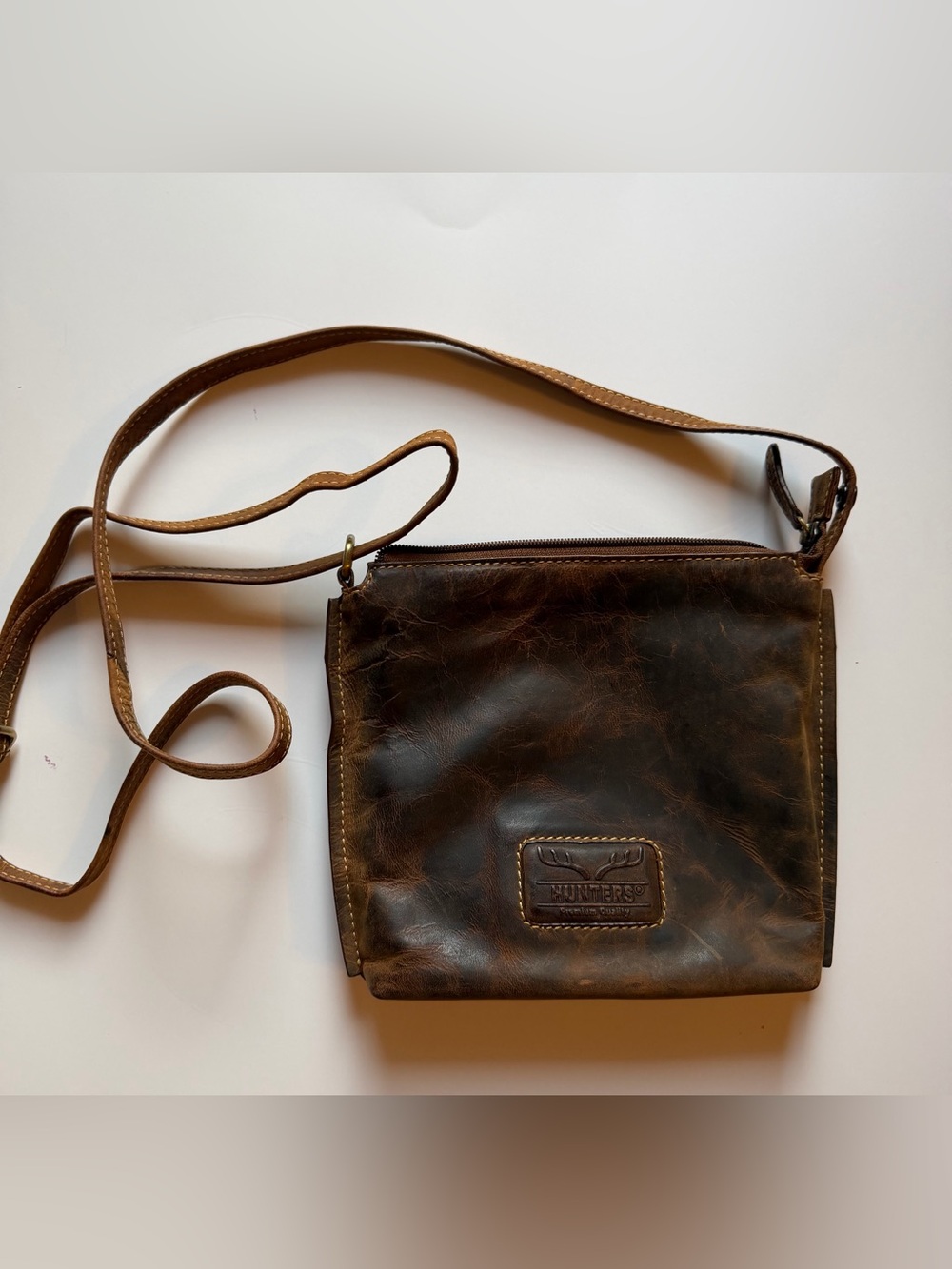 HUNTERS Bison Buffalo Distressed Leather Crossbody Bag Zipper Small
